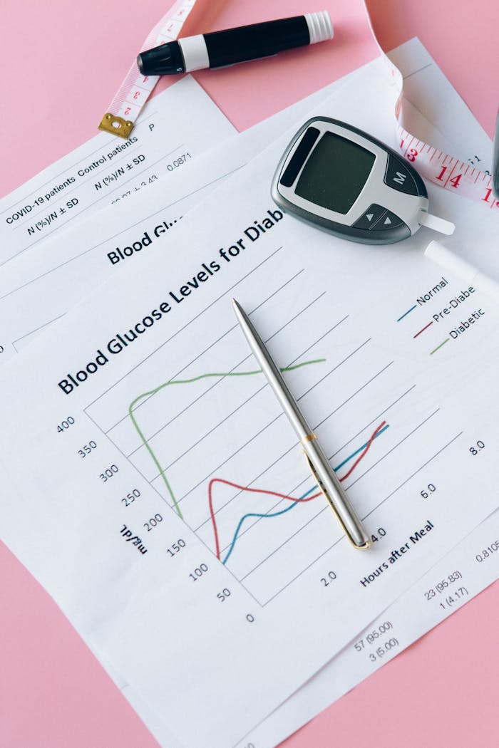 about-us-02 A still life of a glucometer, graphs, and pen on diabetes management.